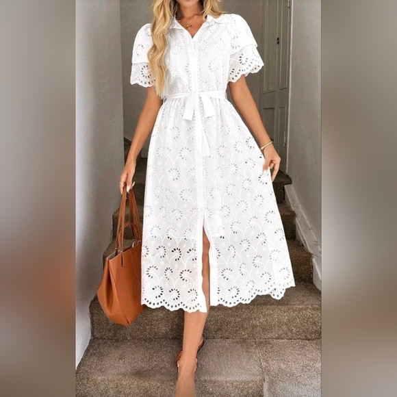 New Embroidered Eyelet Lace Tie Waist Midi Dress Short Sleeve White - Picture 9 of 11